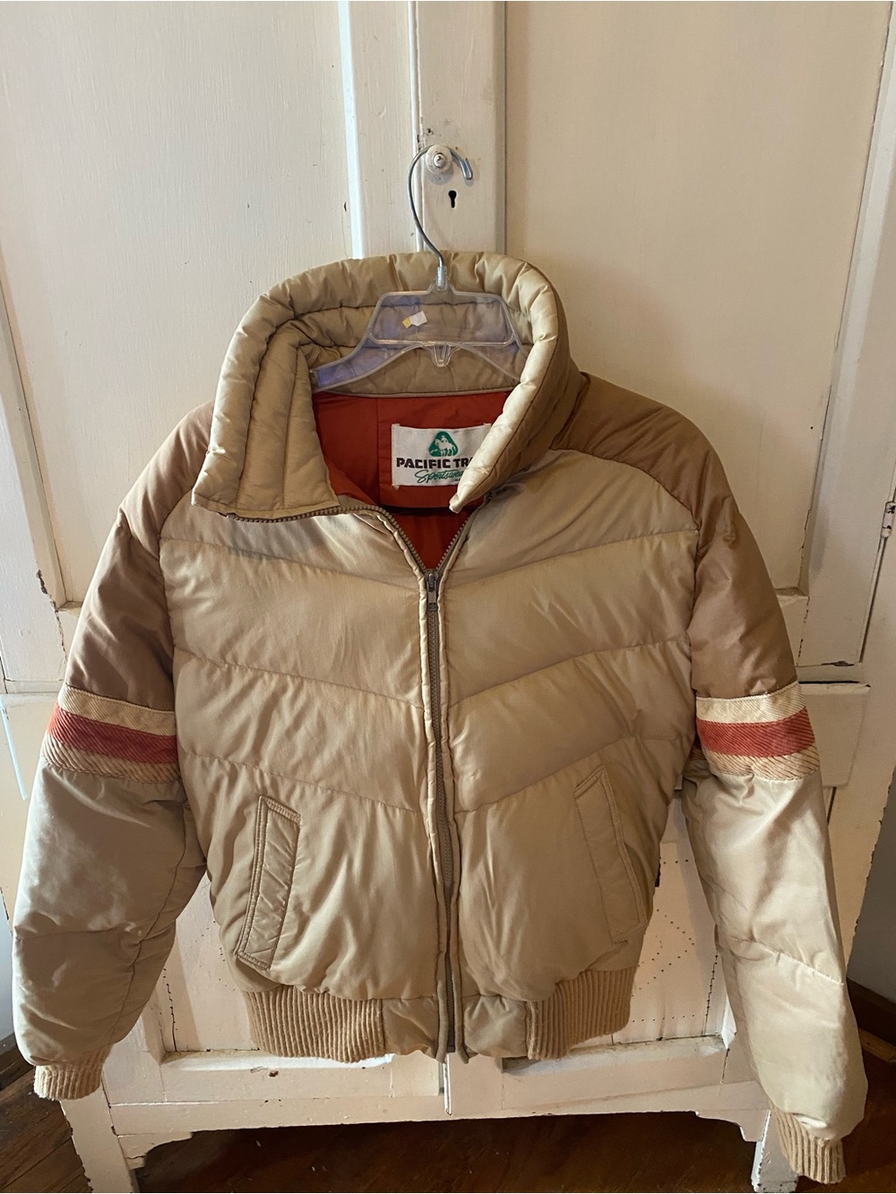 Pacific Trail Tan Puffer Jacket with Rust Stripe